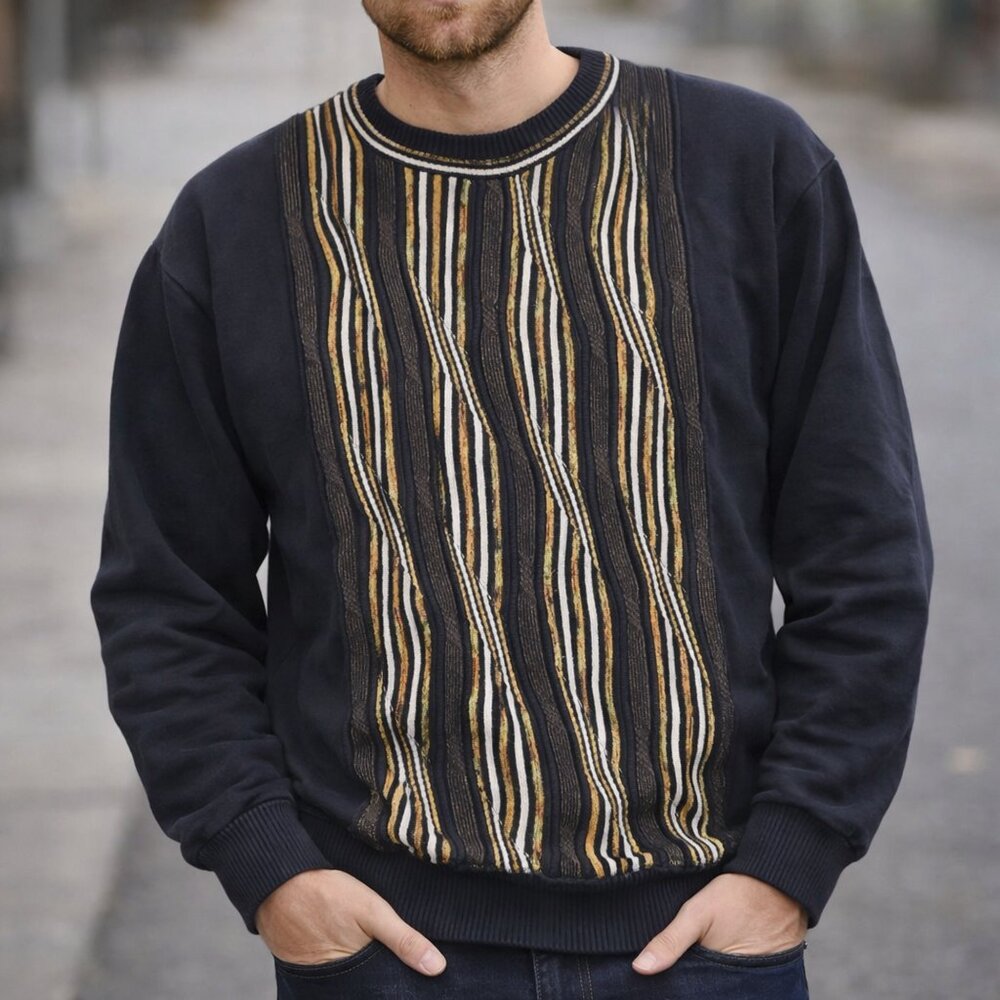 Tosani Canada Men XXL Black Gold Coogi Style Cosby Crew Neck Cotton Knit Sweater